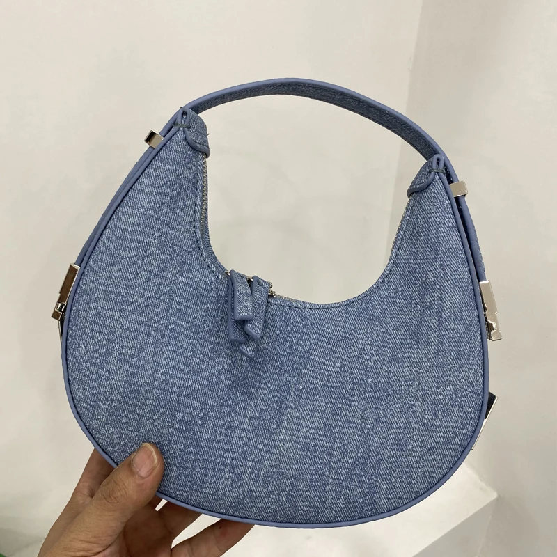 

Fashion Denim Half Moon Bags For Women Luxury Designer Handbag And Purse 2023 New In Sequined Lock Decoration Small Shoulder Bag