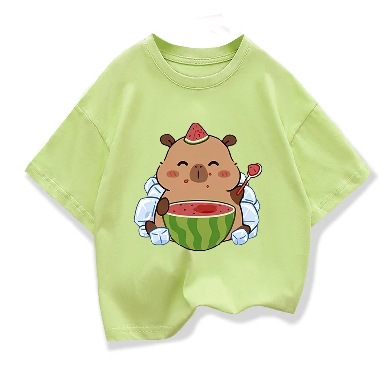 Summer New Capybara Watermelon Printed Cartoon Fashion Short Sleeve T-shirt Kids Clothing Tees Girls Loose Casual Tops T Shirts