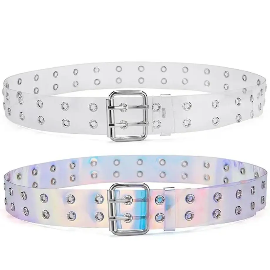 Women Summer Fashion Creative Gifts Waistband Transparent Two Row PVC Belt Laser Invisible Square Pin Buckle Multi Hole Belts