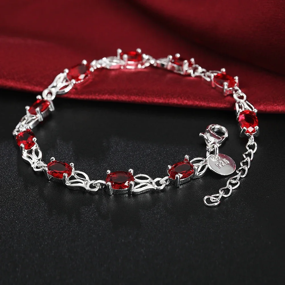 Hot New 925 Sterling Silver Bracelets for Women Wild Red Crystal Chain Fashion Lady Wedding Party Christmas Gifts Jewelry