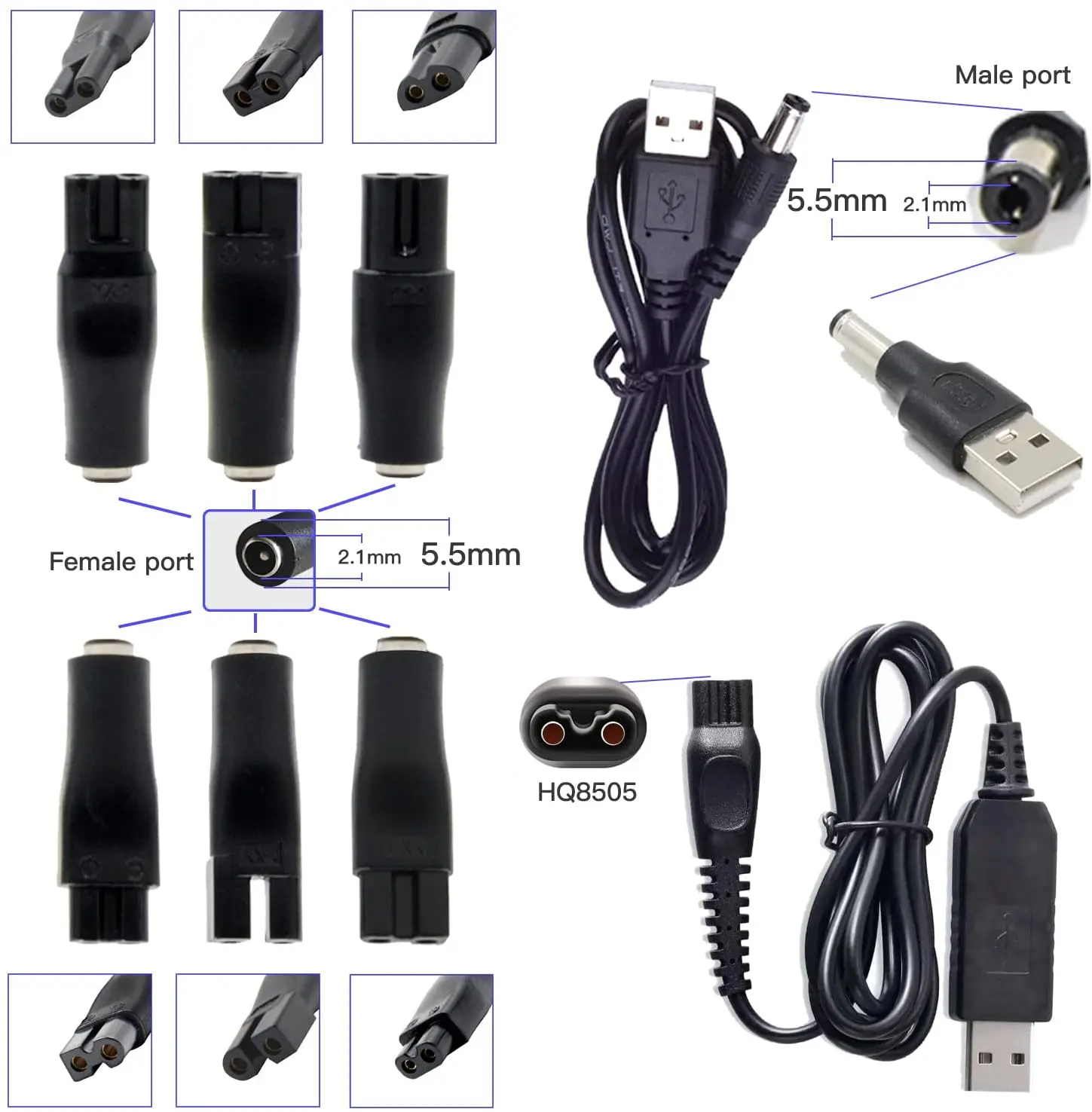 Charging Cable,USB Charging Cable,Shaver Charger,AC Power Cable 9 PCS Replacement Power Cord 5V Charger USB Adapter Suitable for All Kinds of Electric Hair Clippers, Beard trimmers, Shavers