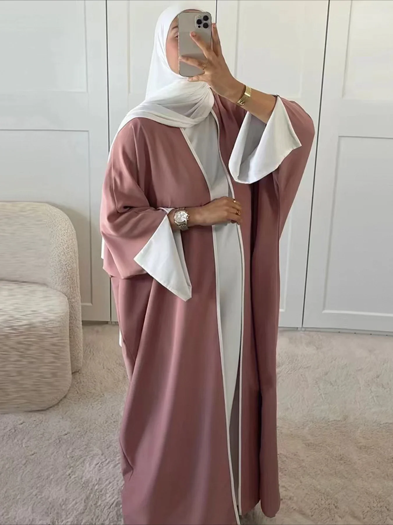 Muslim Abaya Dress With Hijab & Belt - Open Front Cardigan Robe, Dubai Style Modest Outfit