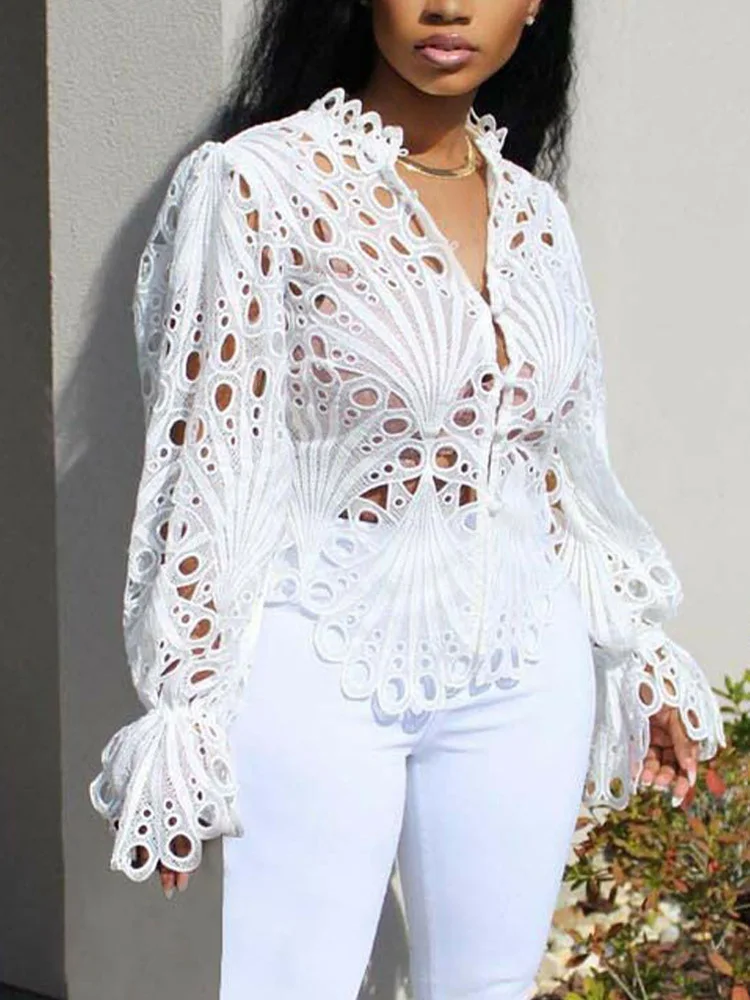 Women Sexy Hollow out Blouses Shirts Top NIght Club Style Bell Sleeve