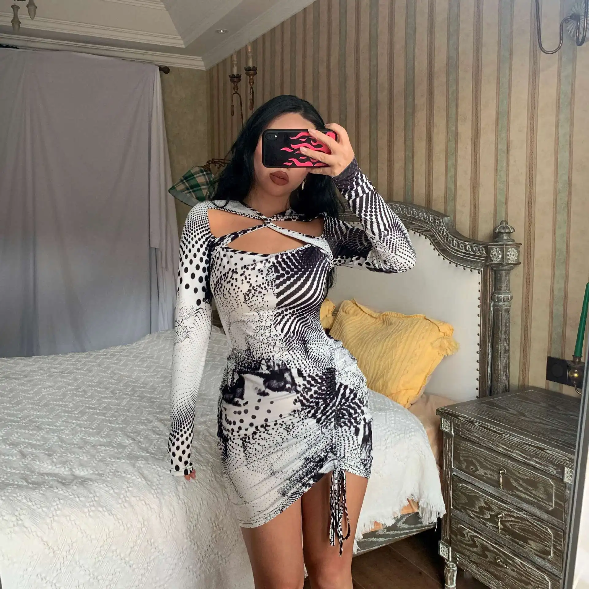 

Women Bodycon Dress Long Sleeve Twist V Neck Dots Print Hollowed Drawstring Slim Fit Mini Dress Club Party Female Dress