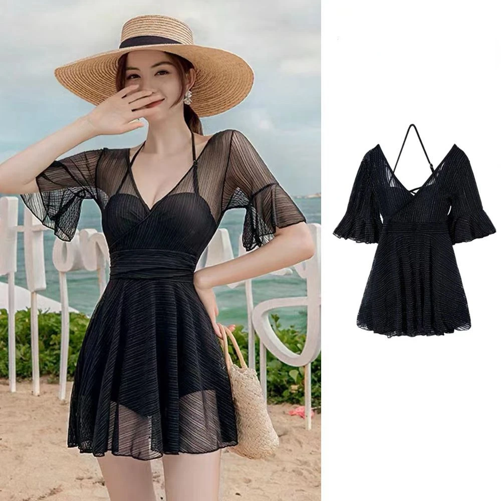 

Sexy Short Sleeve One Piece Swim Suits for Women, Belly Covering, Conservative Swimwear Dress, Black Fairy Swimsuit, Plus Size