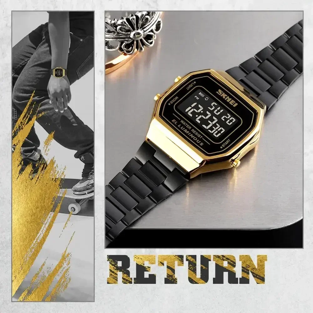 SKMEI 1647 Men reloj hombre Retro LED Digital Male Watches Casual Simple Mens Wristwatches Stainless Steel Band Waterproof Watch 5