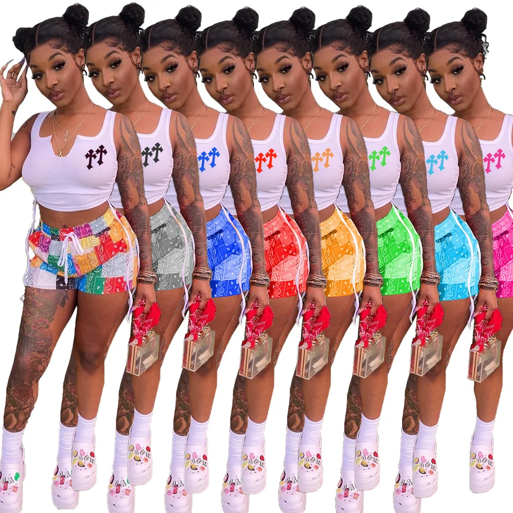 

Fine women's double cross print collar closure pleated sleeveless undershirt shorts fashion casual sports value two-piece summer