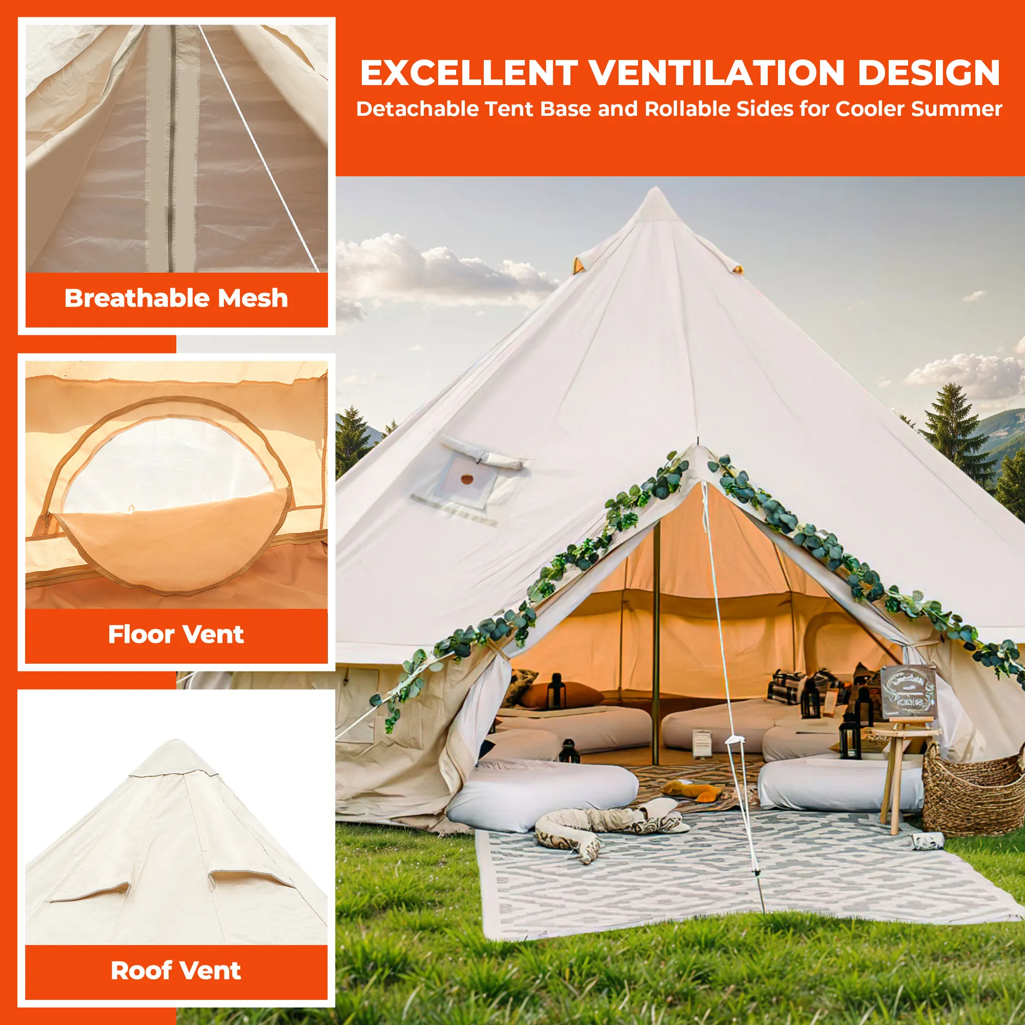 Cotton Canvas Bell Tent Glamping British Yurt Camping Tent Single Door
