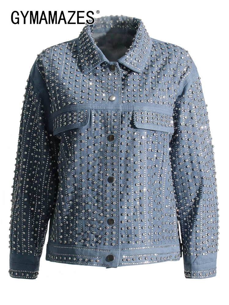 

GYMAMAZES Denim Solid Jackets For Women Lapel Long Sleeve Patchwork Diamond Minimalist Jacket Female Fashion Style Clothing New