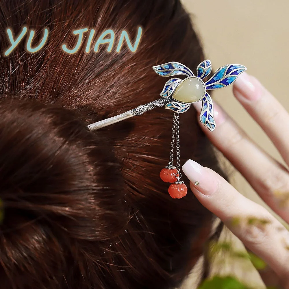 s925-silver-antique-sterling-silver-hairpin-female-simple-hairpin-cloisonne-tassel-step-shake-hanfu-cheongsam-headdress-jewerly