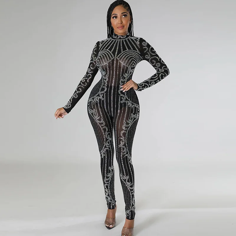 Sexy Sheer Mesh Rhinestone Christmas Jumpsuit Birthday Outfits for Women Evening Wedding Long Sleeve Night Club Party Rompers hlj sexy mesh perspective rhinestone bodycon jumpsuits women round neck long sleeve slim playsuits fashion party club overalls