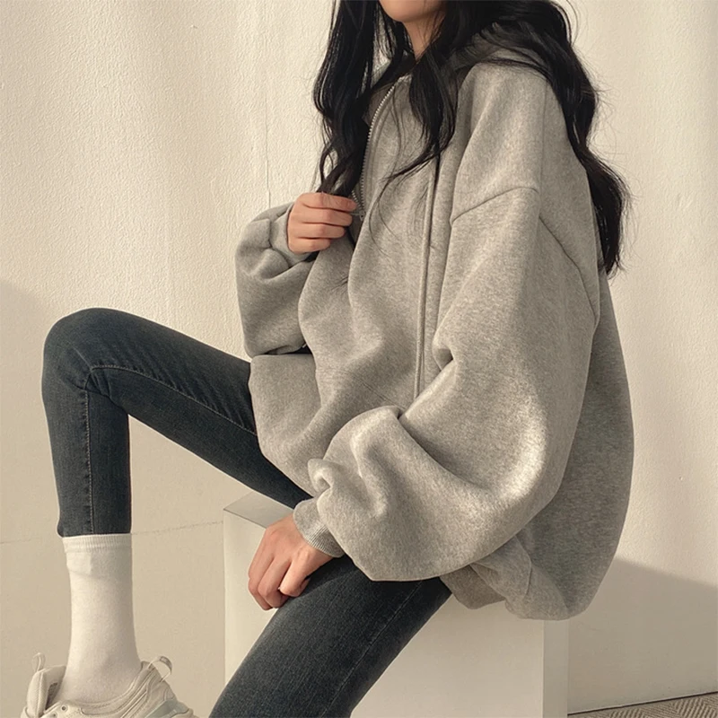 HOUZHOU 여성용 가디건 후디 스트리트웨어, 회색 하라주쿠 오버사이즈 탑 맨투맨, 여성 캐주얼 긴팔 포켓 후드 코트