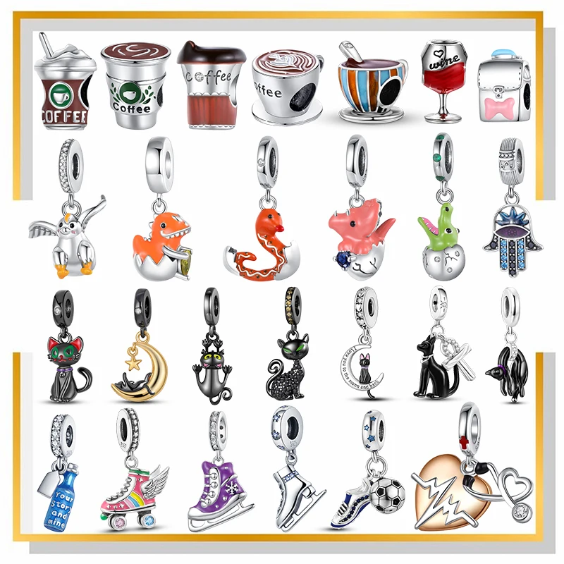 925 Sterling Silver Coffee Cup Bead Alligator Egg Black Cat Charm Fai Da Te Per Scarpe Da Pattinaggio Originali Ciondolo Bracciale Gioielli Donna