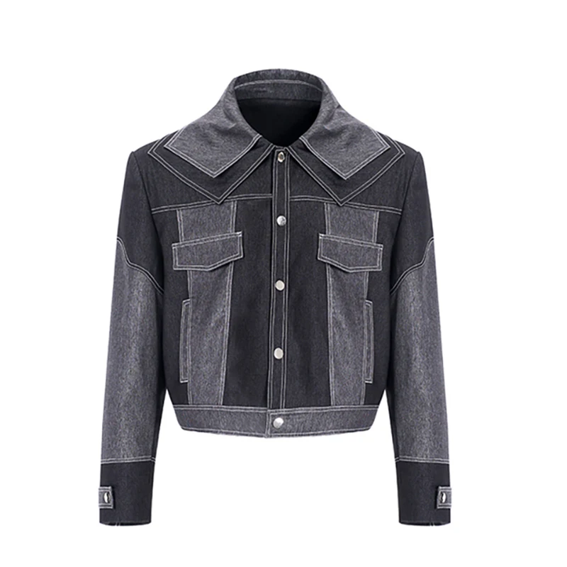 FEWQ Splicing Short Shoulder Padded Denim Men's Jacket Autumn Winter Double Collar Design 2024 Patchwork Male Tops 5