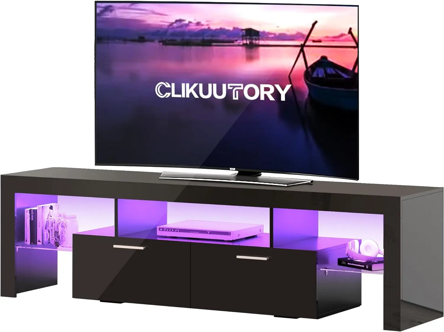 

Clikuutory Modern LED 71 inch Long TV Stand with Storage Drawer for 50 55 60 65 70 75 80 Inch TVs, Black Wood TV Consol