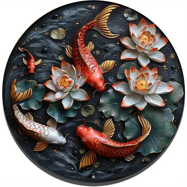 averpkwy品。珍しいデザイン　金魚と花　壺になります。 Round Wall Art,Classic Koi Fish & Lotus Flower Design, Metal
