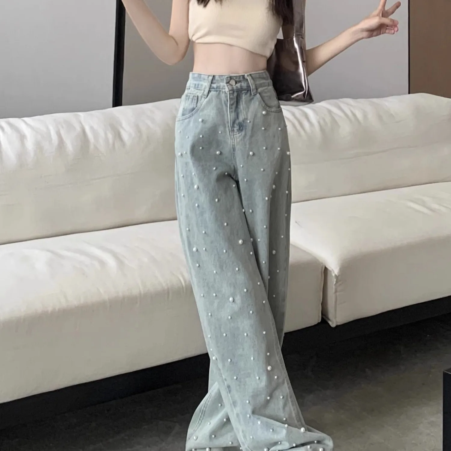 Women's Jeans High Waist Straight Blue Beaded Pearls Denim Pants Spring Autumn Chic Streetwear Design Baggy Jeans Women Clothing - 2