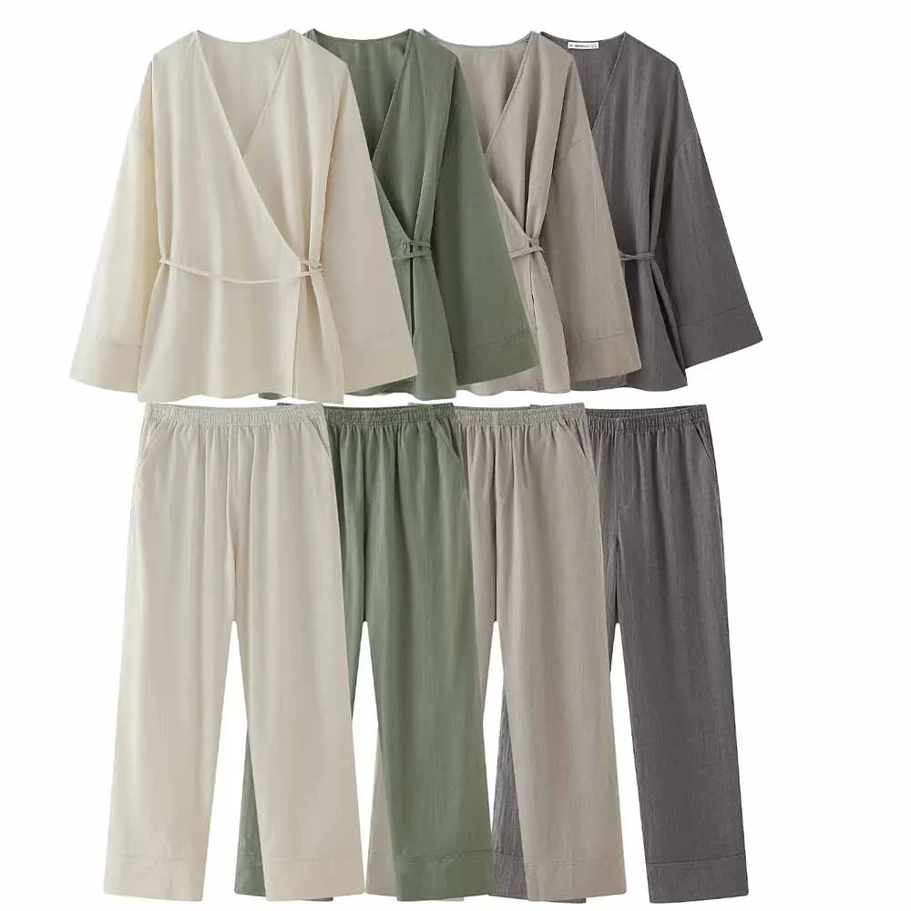 

set woman 2 pieces2024 Fashion Textured double-breasted kimono coat Female + Textured pajamas style Pants Women's suit