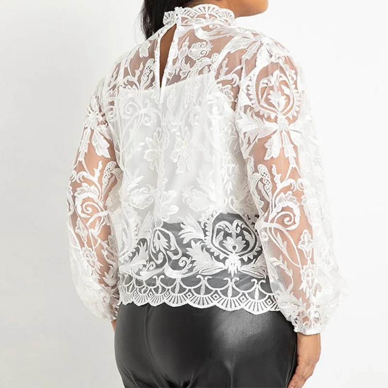 Plus Size Women's Clothing Sexy Stand Collar Lace Patchwork Net Yarn Tops Autumn Perspective Long Sleeve Chiffon Slim Shirt