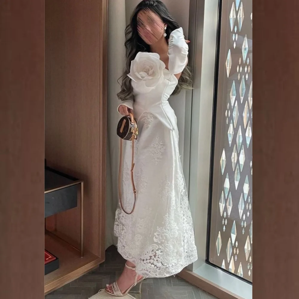 

Ball Dress Saudi Arabia Evening Jersey Applique Flower Ruched A-line Off-the-shoulder Bespoke Occasion Gown Midi Dresses