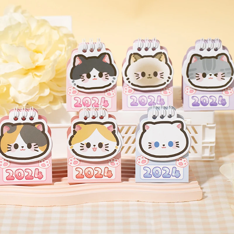 

2024 милый календарь с рисунком кошки, портативный кавайный маленький календарь в виде катушки, настольное украшение, ежедневное искусство