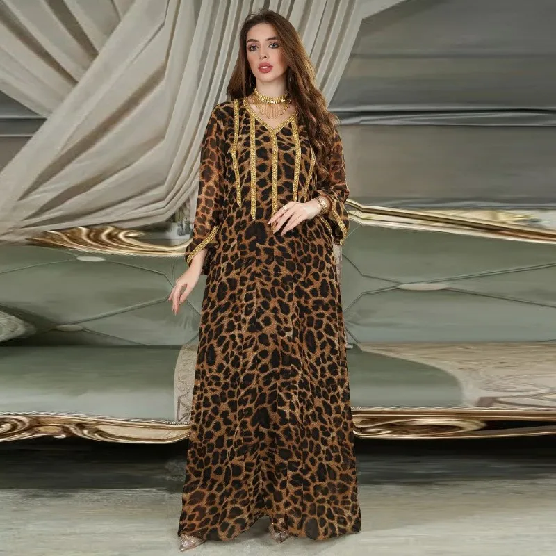 Fried Street Leopard Print Spring Brown Rhinestone Women's Long Middle East Fashion Muslim Dress evening dresses  dresses