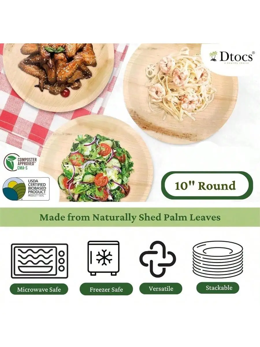 Dtocs Bamboo Plate Disposable Like 10 Inch Round Palm Leaf Plate 100 Elegant Sturdy Compostable Dinner Dinnerwar