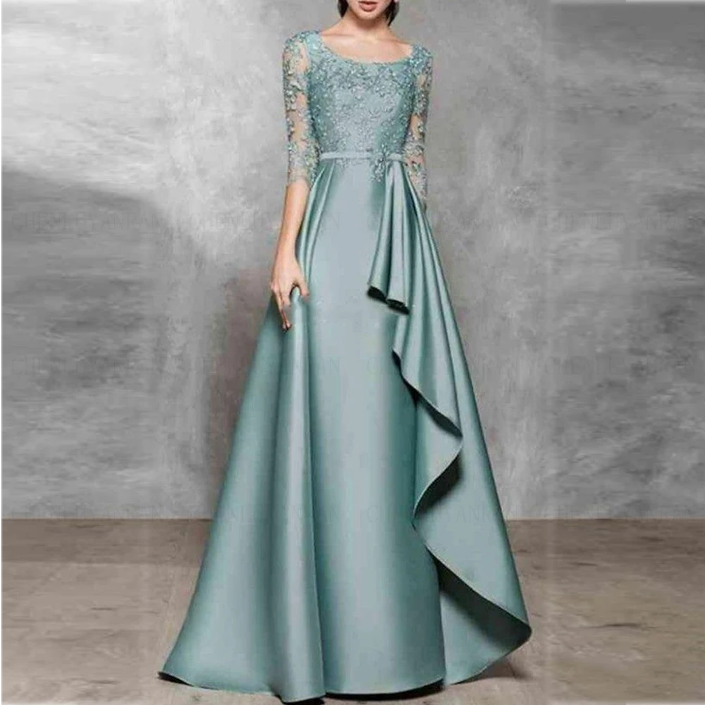 Simple Satin Mother of the Bride Dress O Neck 3/4 Sleeves A-Line Wedding Party Gowns Applique Dress GDS980017