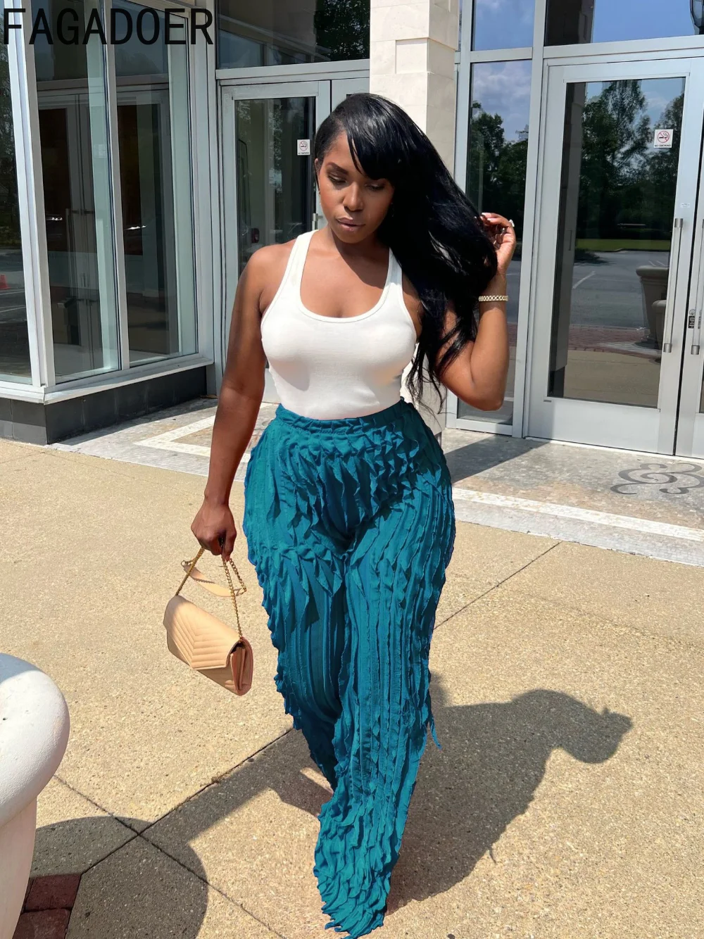 FAGADOER Fashion Tassel Wide Leg Pants Womens Casual Streetwear High Waist Stretchy Ruffles Mesh Pants Sexy Trousers Club Wears
