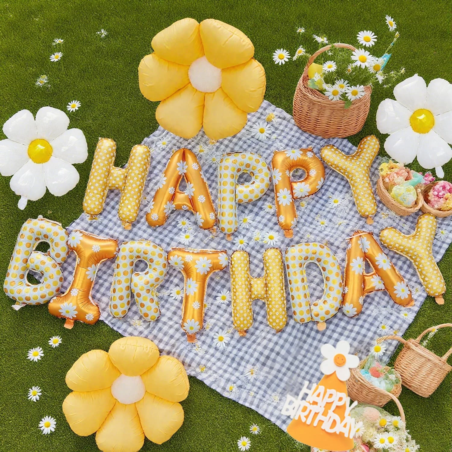 Gänseblümchen Blumen Alles Gute zum Geburtstag Brief Ballon Blume Aluminiumfolie Ballon mit Geburtstag Hut Geburtstag Party Dekoration Lieferungen