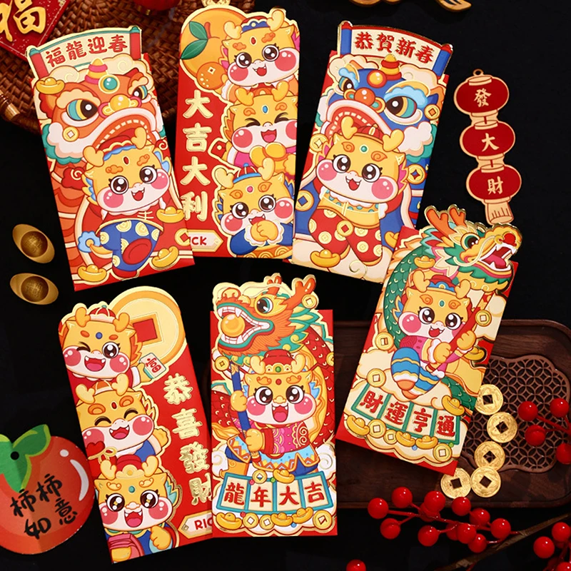 

6Pcs 2024 Dragon Year Cartoon Red Envelope New Year Luck Money Bag Fortune Red Packet Gift Bag Decorations Envelopes