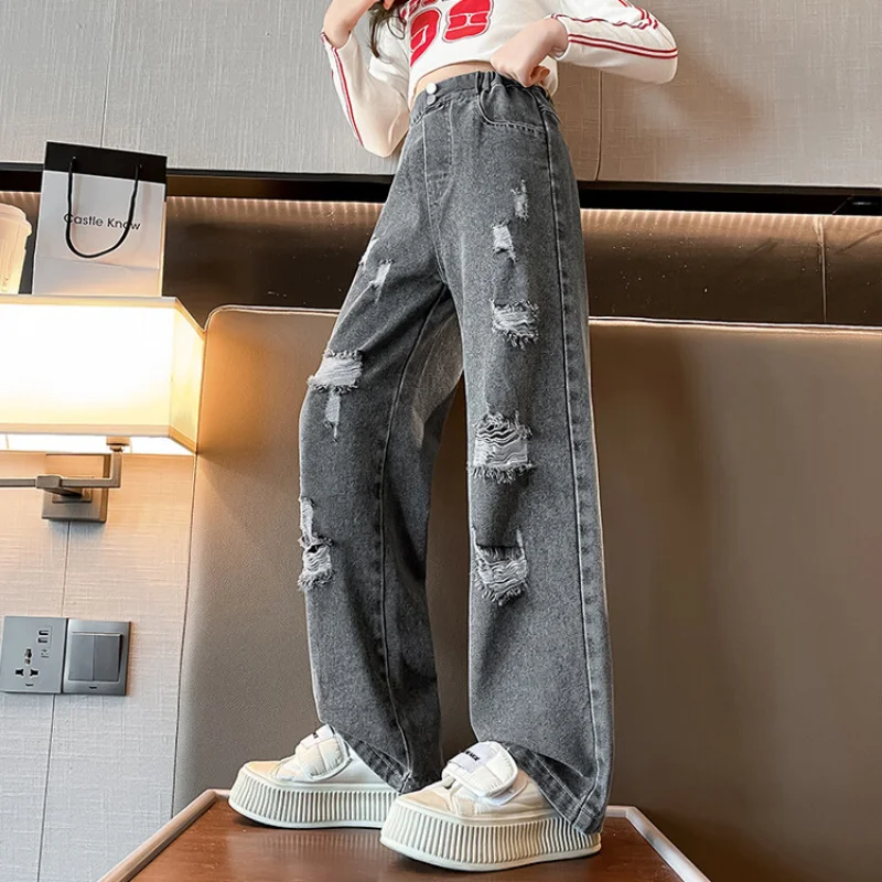 

Teen Girl Clothes Fashion Casual Jeans Spring New Ripped Design Straight Leg Pants Streetwear Elastic Waist Denim Trousers 4-14Y