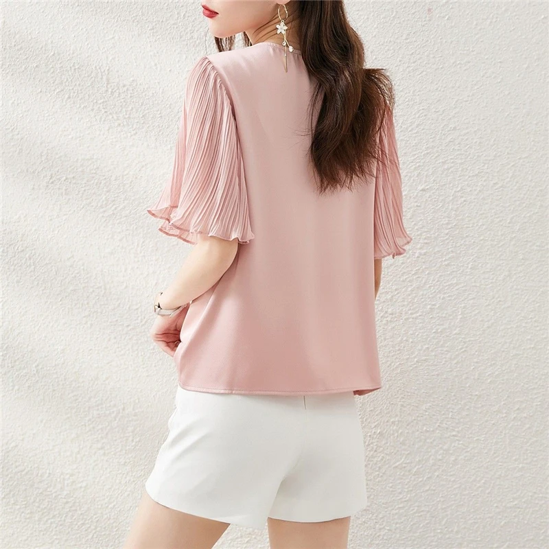 Elegant Chic Sweet Beaded Lace V Neck Short Sleeve Top Blouse Women 2023 Summer Fashion Casual Ruffled Slim Solid Shirts Blusas