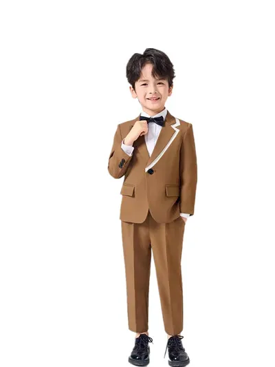 

2-15T Flower Boys Wedding Costume Children Spring Khaki Jacket Pants Tie Photograph Suit Kids Formal Ceremony Tuxedo Dress