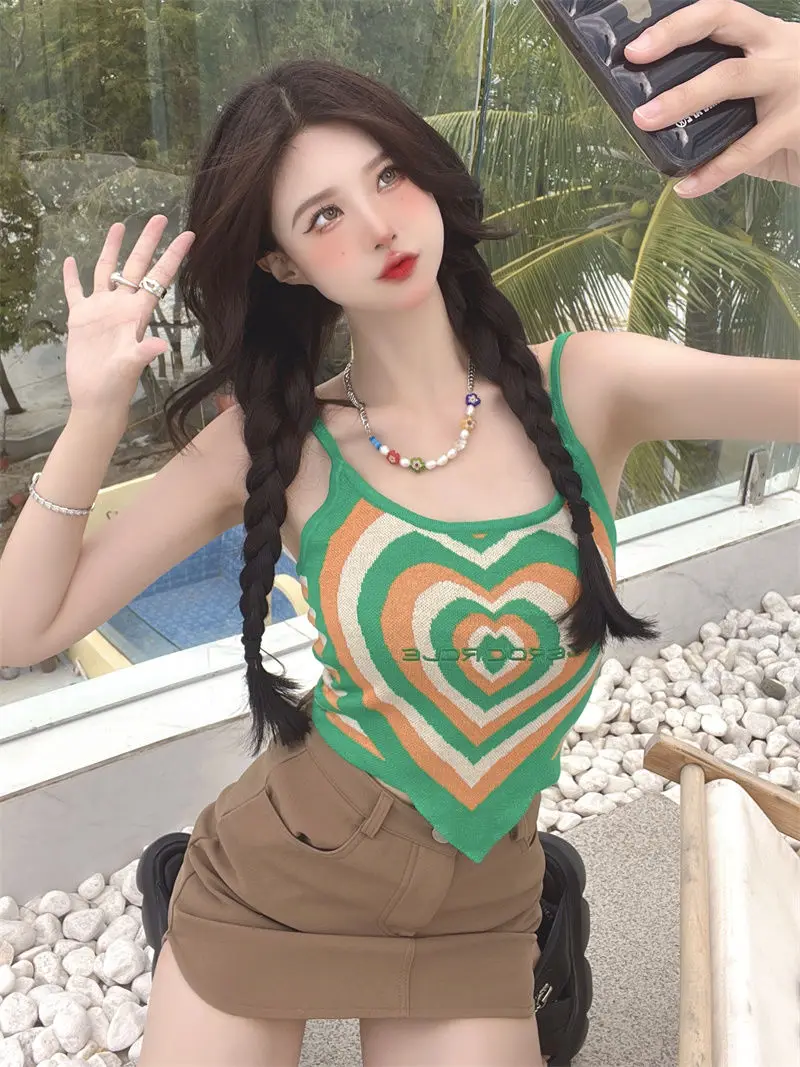Top corto de punto con forma de corazón para mujer, camiseta sin mangas, camiseta sexy, top de tubo a la moda