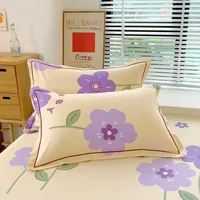 Botanical Floral Flat Sheet, Soft Purple Flower Print Bed Sheet Set Brushed Cotton Bed Cover with 2 Pillowcase Twin Queen Size 5