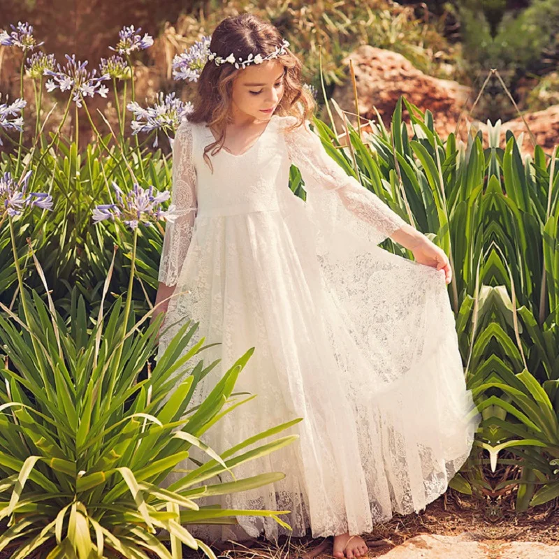 

New 2-14 Years Princess Dress Lace Chiffon Long Dresses Kids Flower Girl Wedding Dress Summer Boho Birthday Party Wedding Dress