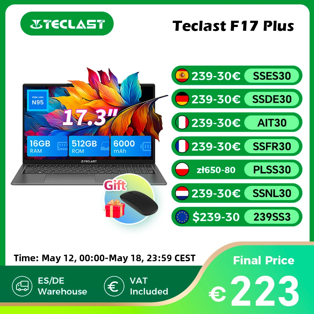 Teclast F17Plus 17.3 inch Laptop Intel N95 16GB RAM 512GB SSD Windows 11 Notebook 180° Flip Computer Backlit Keyboard mini-HDMI 1