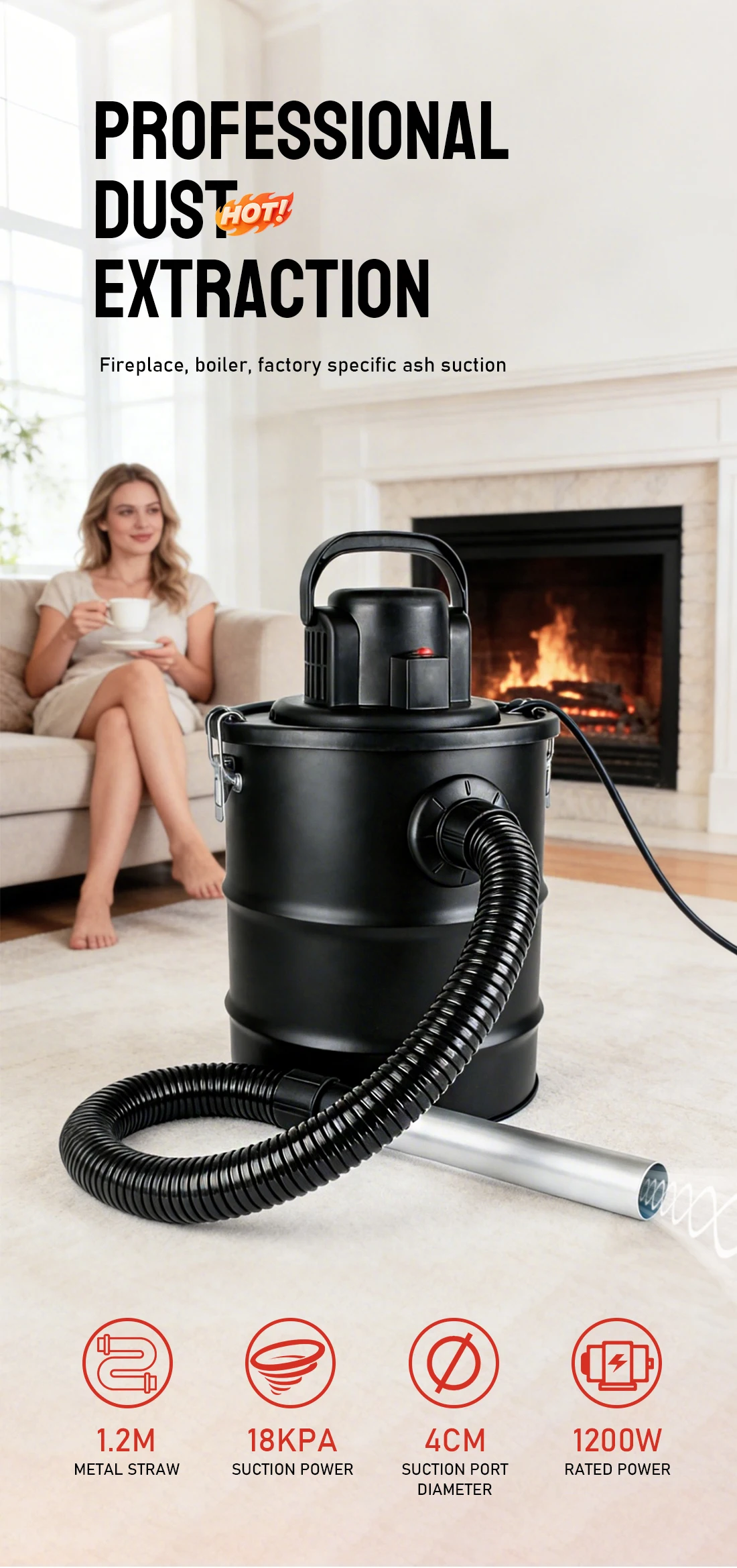 20L Ash Vacuum Cleaner High Temp Resistant Ash Bucket for Fireplace, Stove & Pel