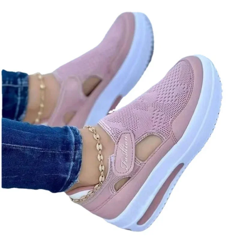 Summer Oversize Fly Woven Breathable Casual Slope Heel Thick Sole Hollow Out  Round Toe Low Top Women's Shoes Sandals sneakers