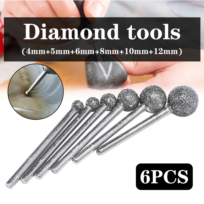 

6Pcs/set Diamond Point Ball Spherical Grind Needle Head Cutter Round Engrave Rotary Grinding Head Wheel Tools Accessories