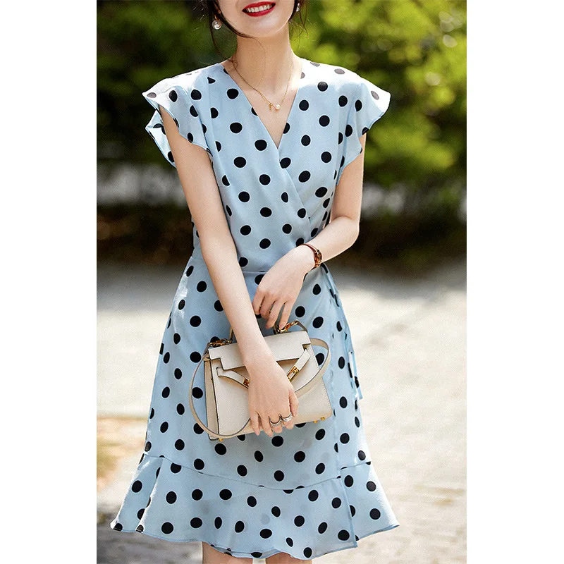 2023 New Fashion Lady 100Silk Dress Summer Short Sleeve Lady Dress