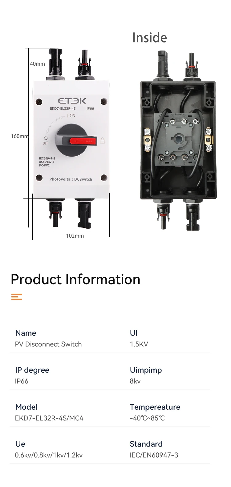 Photovoltaic Solar DC Isolation Switch Outdoor PV Solar Switch 4P 1000V 32A UKPM