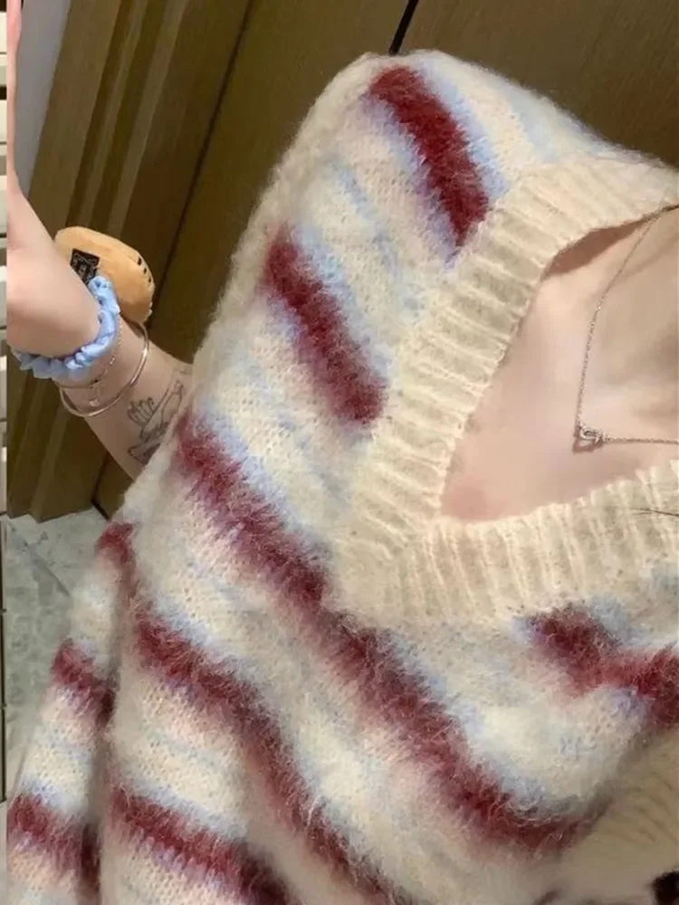 

Vest for Women 2023 New Autumn Mohair Contrast Color Striped V-Neck Slim Lazy Casual Sleeveless Tank Sweater
