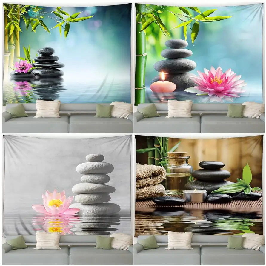 Green Bamboo Zen Tapestry Pink Lotus Orchids Flowers Plants Black Stone Spa  Garden Landscape Wall Hanging Home Living Room Decor