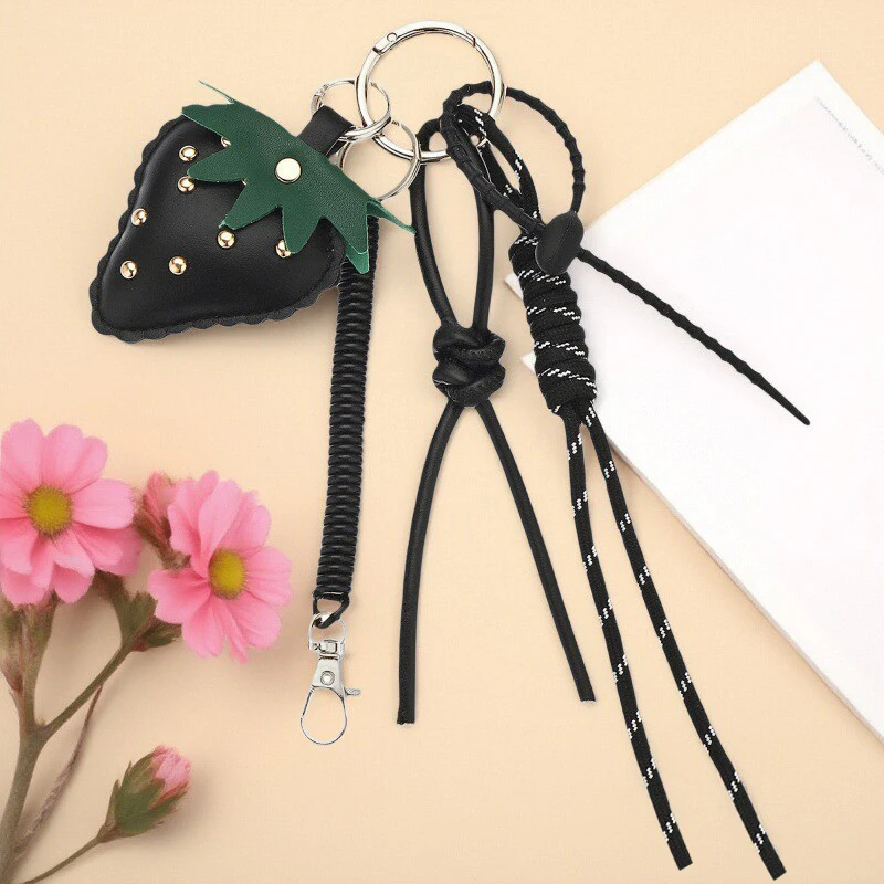 Cute Leather Strawberry Bag Pendant Charms Nylon Rope Keychain Aesthetics Backpack Accessories For Women Gift