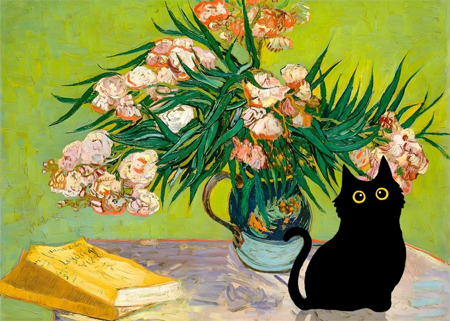 Van Gogh & Monet Inspired Cat Canvas: Starry Night and Sunflowers Wall Art