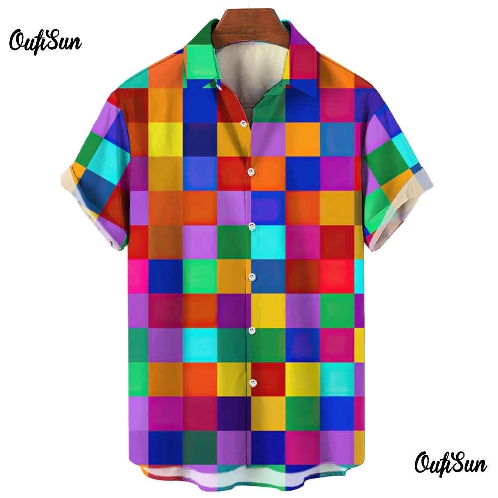 Plaid Shirt For Men Vintage Short Sleeved Shirt Couple Blouse Colorful Printed Casual Men Clothing Oversized Streetwear