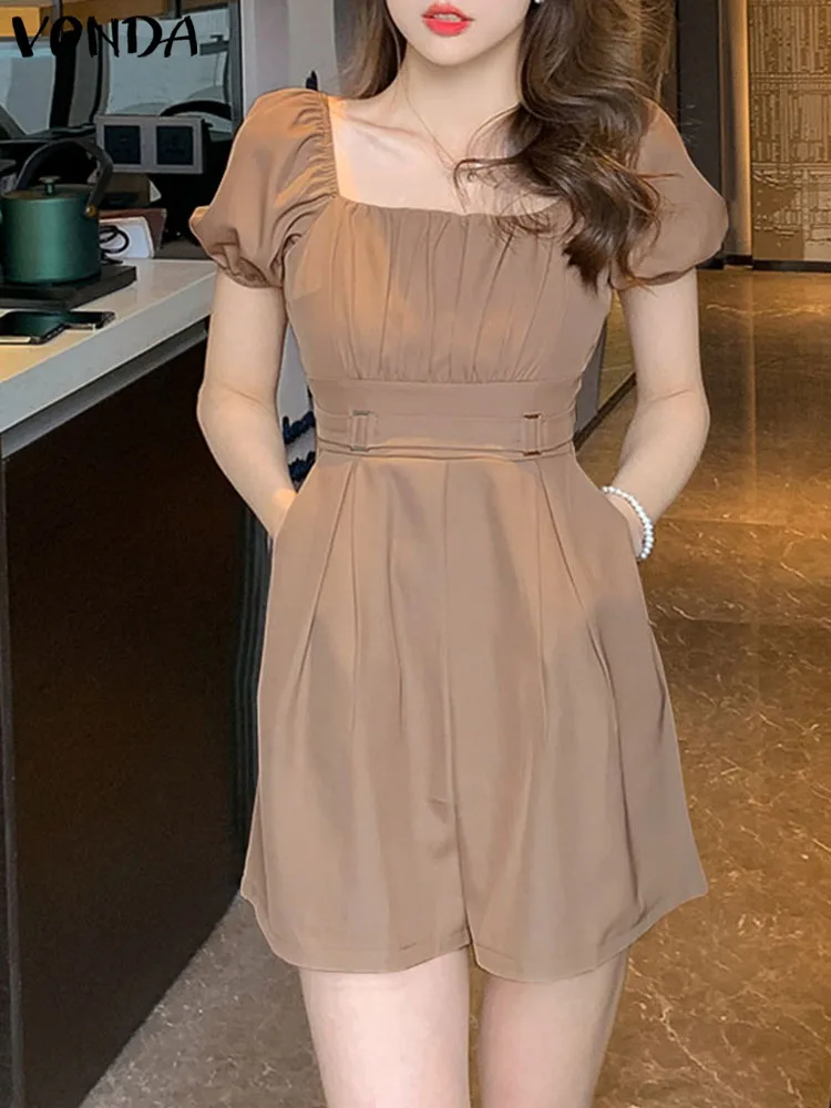 

Summer Short Jumpsuits 2023 VONDA Women Sexy Square Neck Short Sleeve Rompers Casual Pleated Pockets Solid Color Jumpsuits Baggy