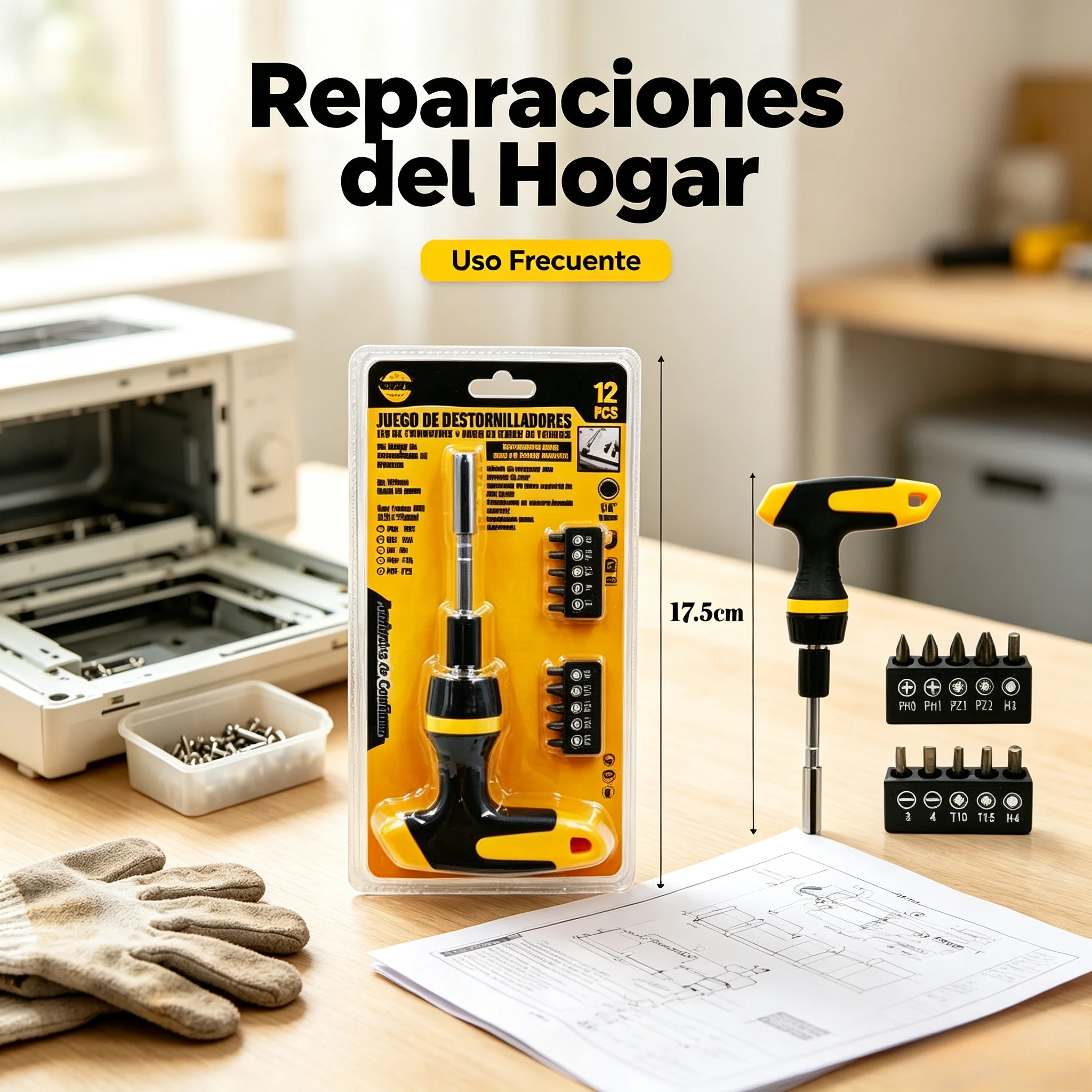 Kit de 12 Destornilladores en Forma de T 17,5cm, Juego con Puntas Intercambiables Phillips, Planas y Torx, Mango Ergonómico Antideslizante, Herramienta Manual para Bricolaje y Reparaciones del Hogar - Imagen 7